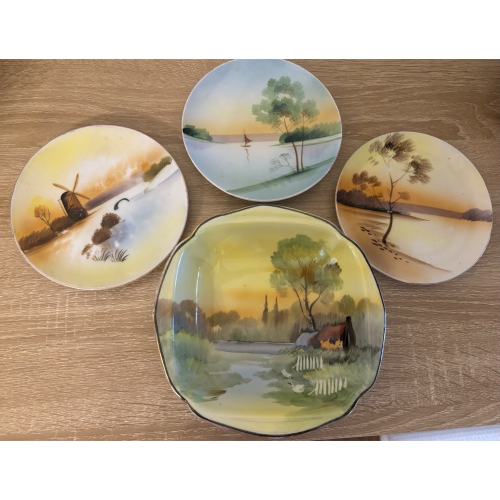 Vintage Assorted Japanese Plates Meito Hand Painted Porcelain Scenic Set Of 4